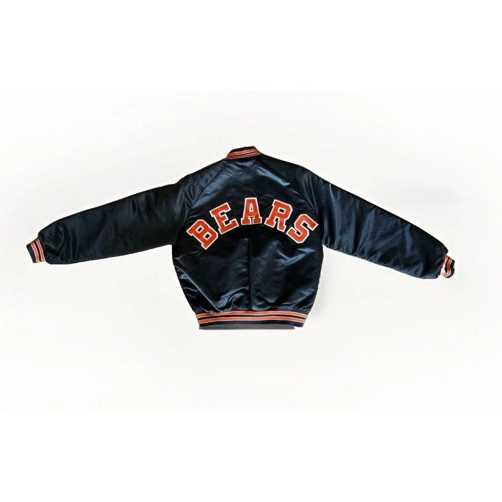 VTG 90s NFL CHICAGO BEARS CHALK LINE SATIN JACKET SPELL OUT MADE IN USA SIZE L